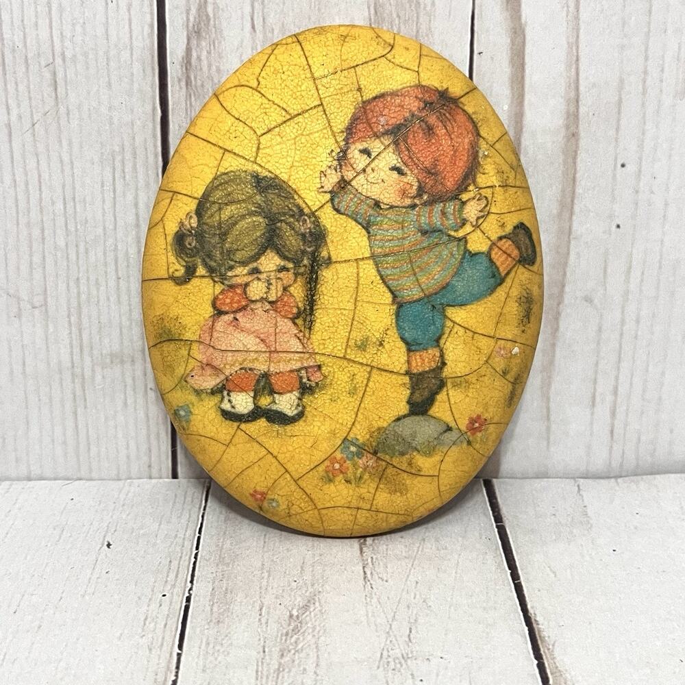 Vintage MAM Originals Oval Crackle Art Paperweight Children Playing
